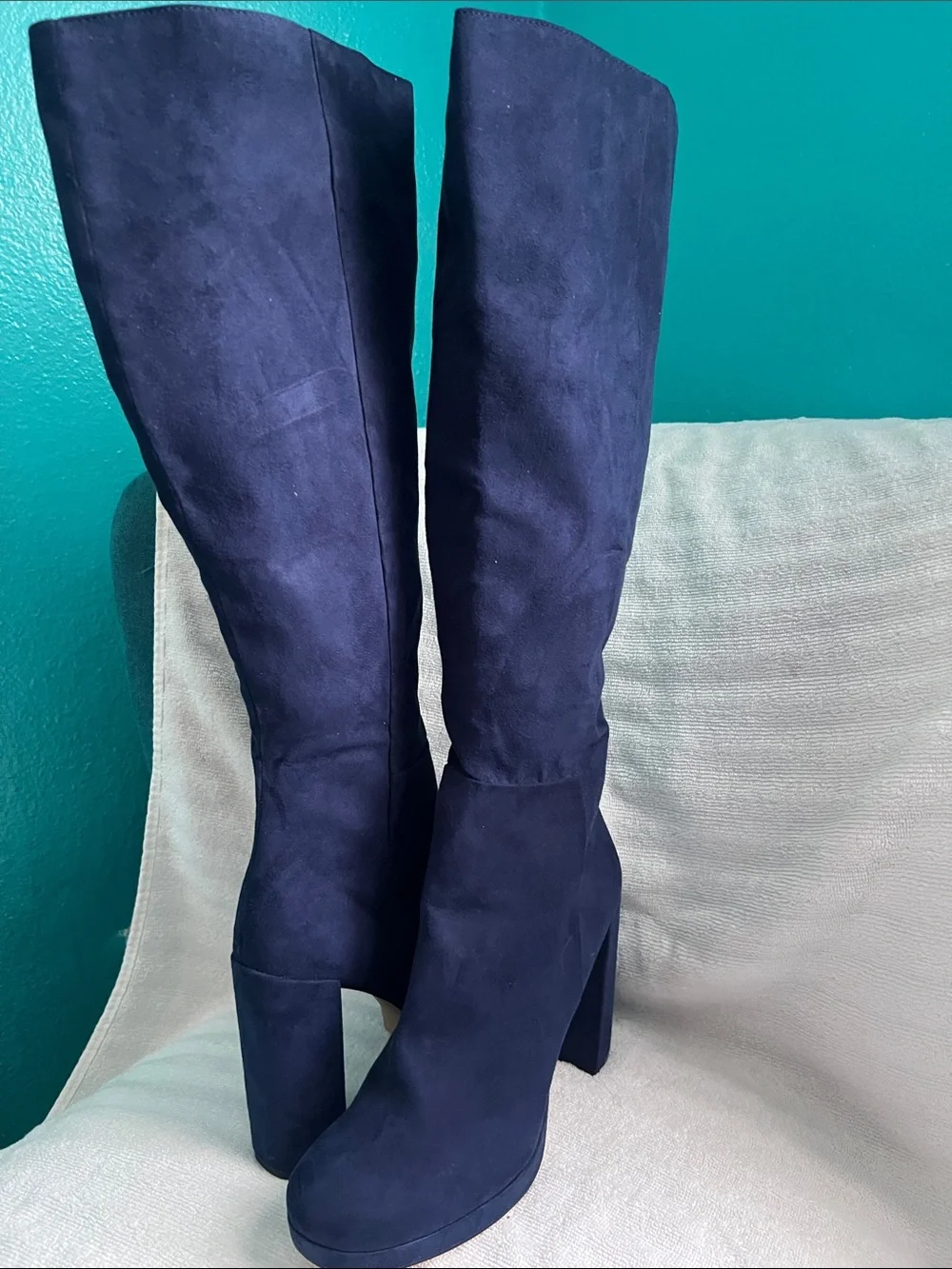 Women's Tall Navy Suede Block Heel Boots Size 10